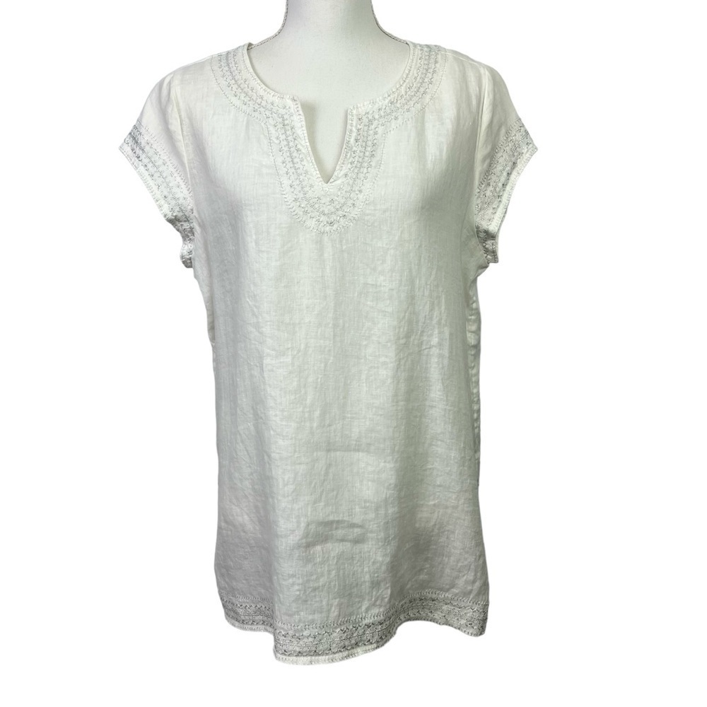 Kenar Women’s Pullover Linen Top Sz Large Ivory Silver Metallic Embroidery